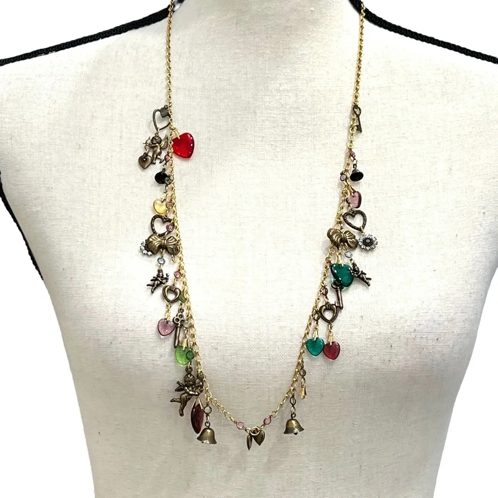 VINTAGE CHARM NECKLACE WITH CUPIDS, HEARTS , BELLS, KEYS & FLOWERS - Picture 16 of 16
